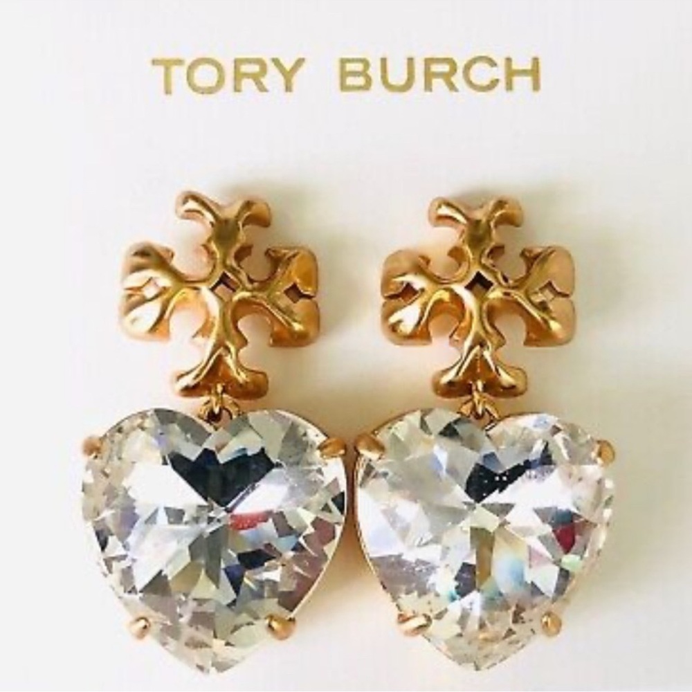 🎁 TORY BURCH ROXANNE CRYSTAL CLEAR HEART EARRING $148 NIP